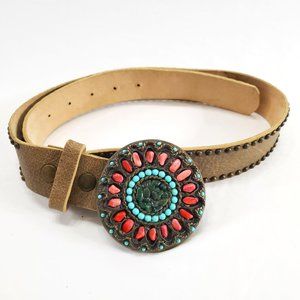 Leatherock Brown Leather Women Belt Large Round Embellished Buckle Studded M 34